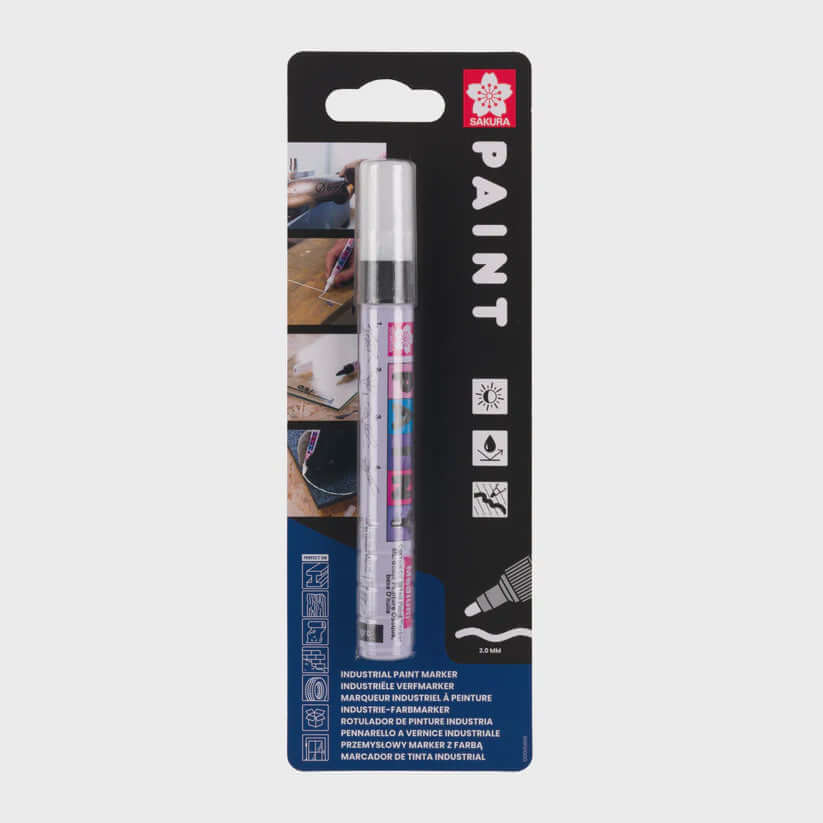 Sakura Paint Marker Medium Black packaged, ideal for marking on wood, metal, and glass surfaces, with lightfast and water-resistant paint.