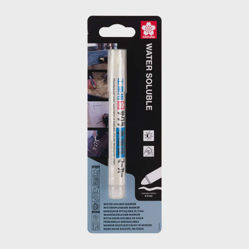Sakura Water Soluble Marker White in packaging for industrial use on various surfaces like glass, wood, and metal.