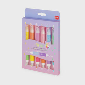 Set of 6 Dual Tip Highlighters Kitty - Legami in pastel and neon colors with dual chisel tips, displayed in packaging.