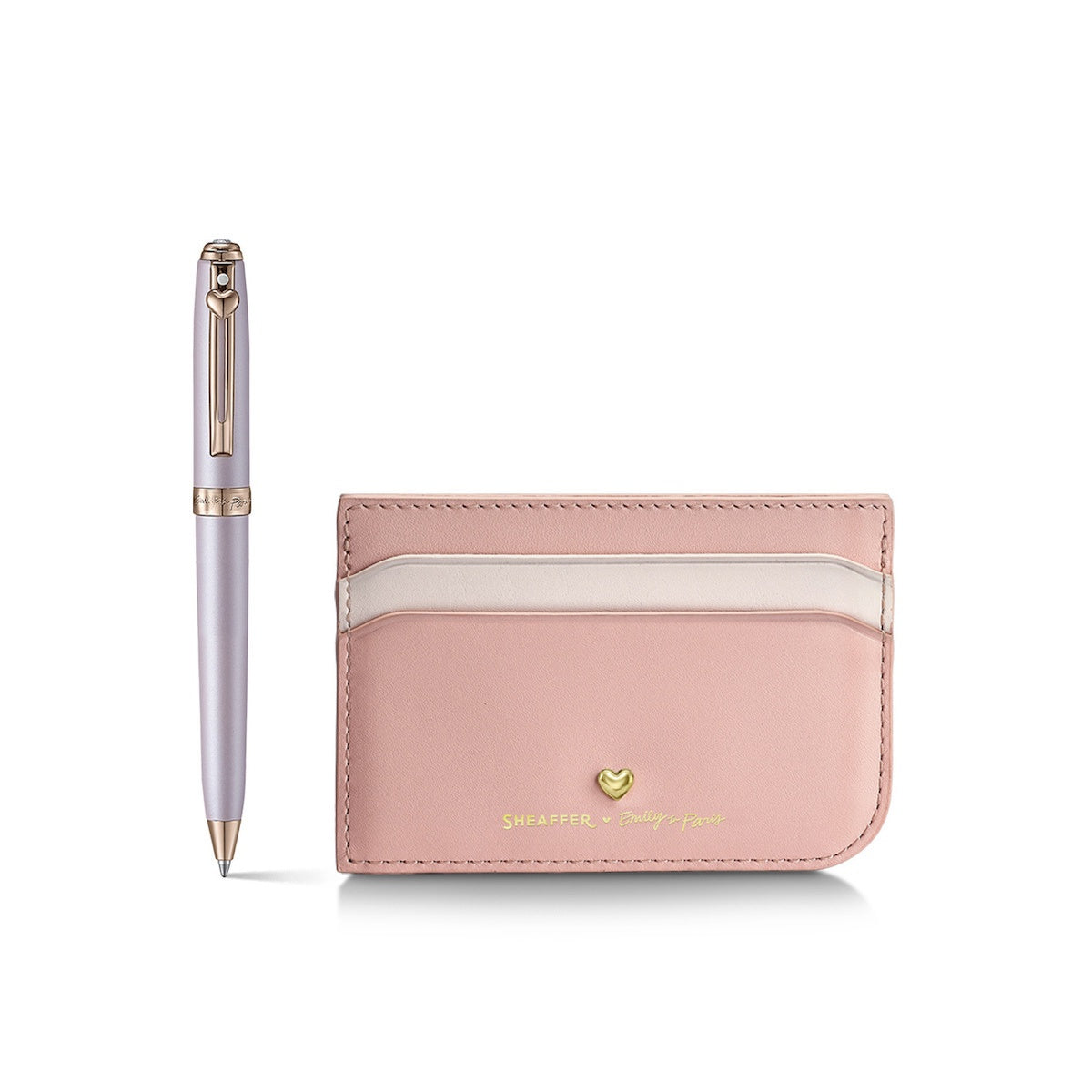 Sheaffer Emily in Paris Gift Set – Prelude Mini Pastel Pink Ballpoint & Leather Card Holder with rose gold trims and crystal detail