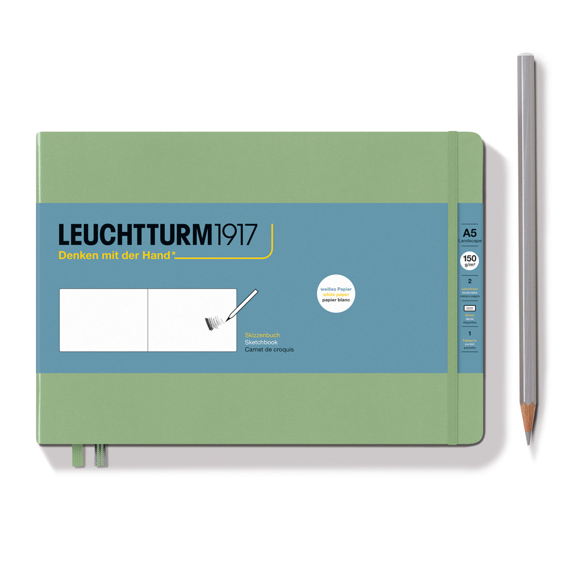 Leuchtturm1917 Artist Sketchbooks – 150gsm Paper with pencil, green cover, A5 size, ideal for various art mediums.