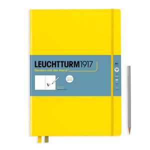Leuchtturm1917 Artist Sketchbooks – 150gsm Paper, yellow cover, alongside pencil, showcasing 150 g/m² pure white drawing board paper.