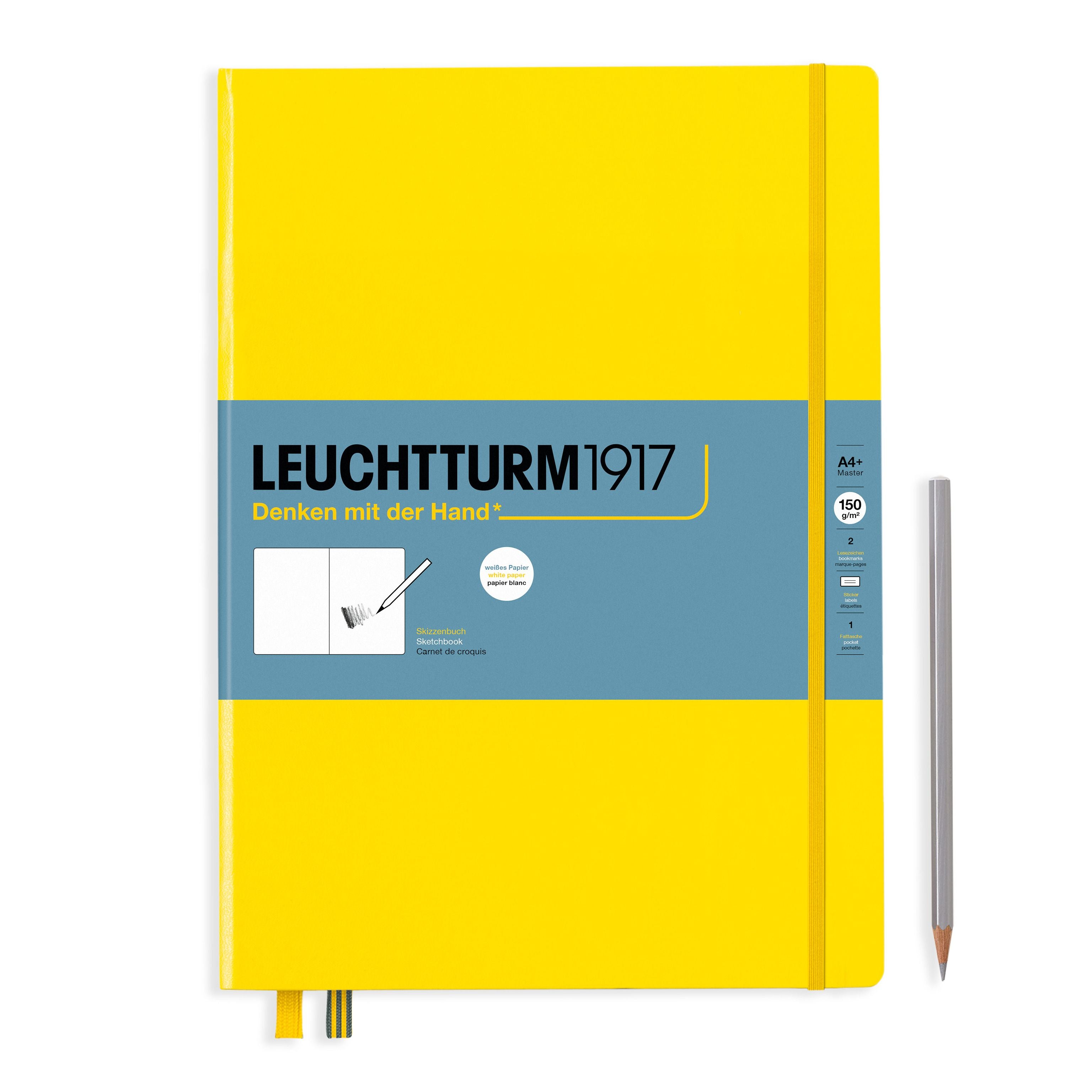 Leuchtturm1917 Artist Sketchbooks – 150gsm Paper, yellow cover, alongside pencil, showcasing 150 g/m² pure white drawing board paper.