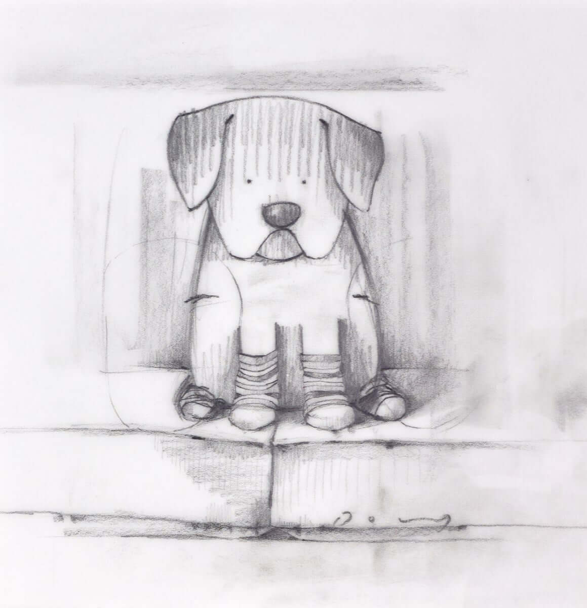 Sofa Socks II, Original Artwork by Doug Hyde, sketch of a dog on steps, whimsical and joyful design.