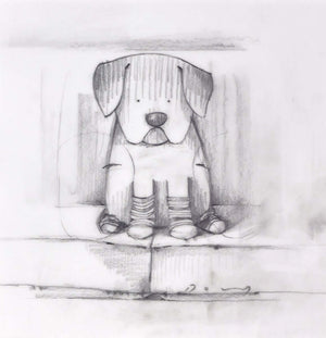 Sofa Socks II, Original Artwork by Doug Hyde, sketch of a dog on steps, whimsical and joyful design.