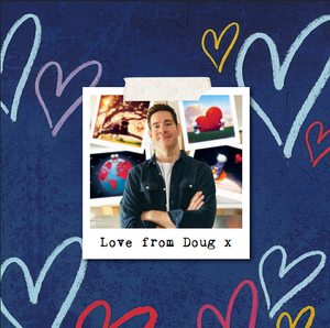 Love from Doug featuring colorful heart designs and photos in the background.
