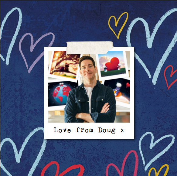 Love from Doug featuring colorful heart designs and photos in the background.