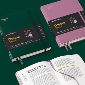 Leuchtturm1917 Thesis Journal A5 Hardcover – Academic Writing in green and purple, open page view, ideal for essays and dissertations.