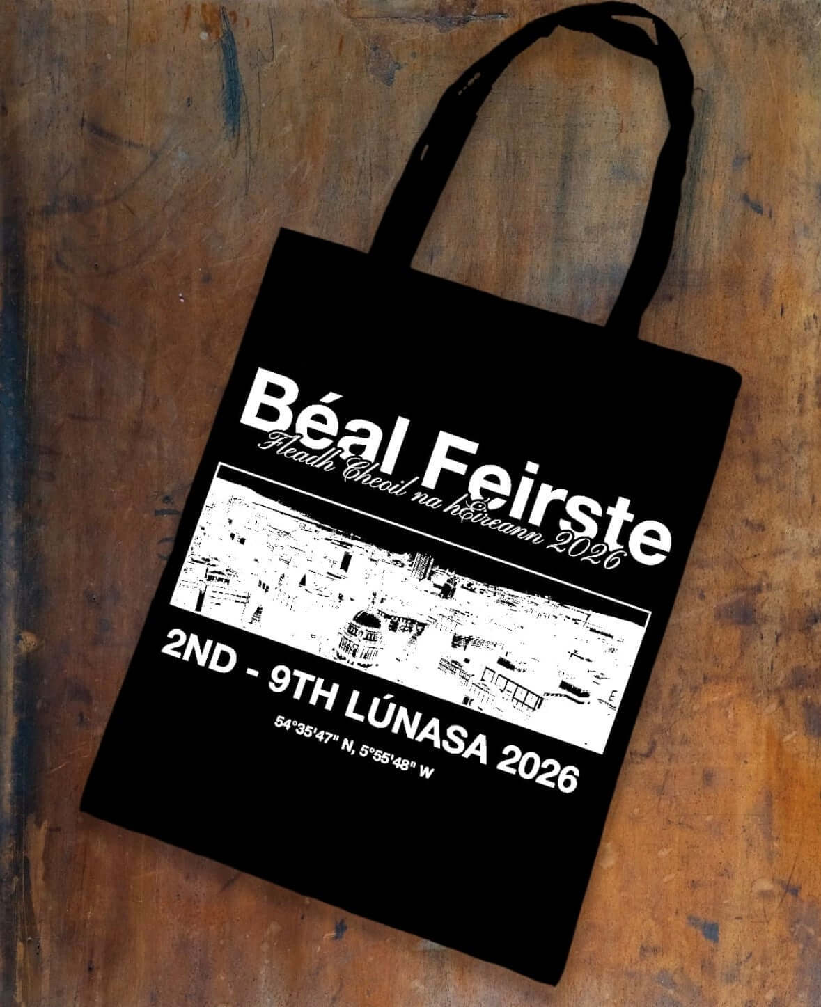 Béal Feirste Cityscape design – Belfast skyline hand screen-printed on a black cotton tote