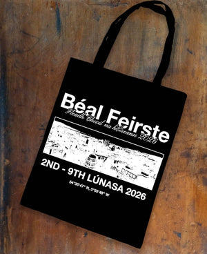 Béal Feirste Cityscape design – Belfast skyline hand screen-printed on a black cotton tote