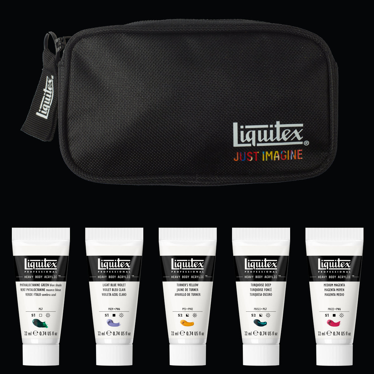 Liquitex Gem Theory Heavy Body Acrylic Set – set contents with zip pouch