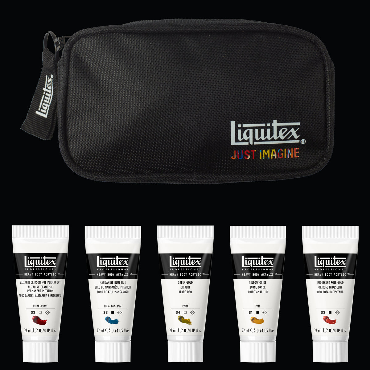Liquitex Retro Luxe Heavy Body Acrylic Set – set contents with zip pouch