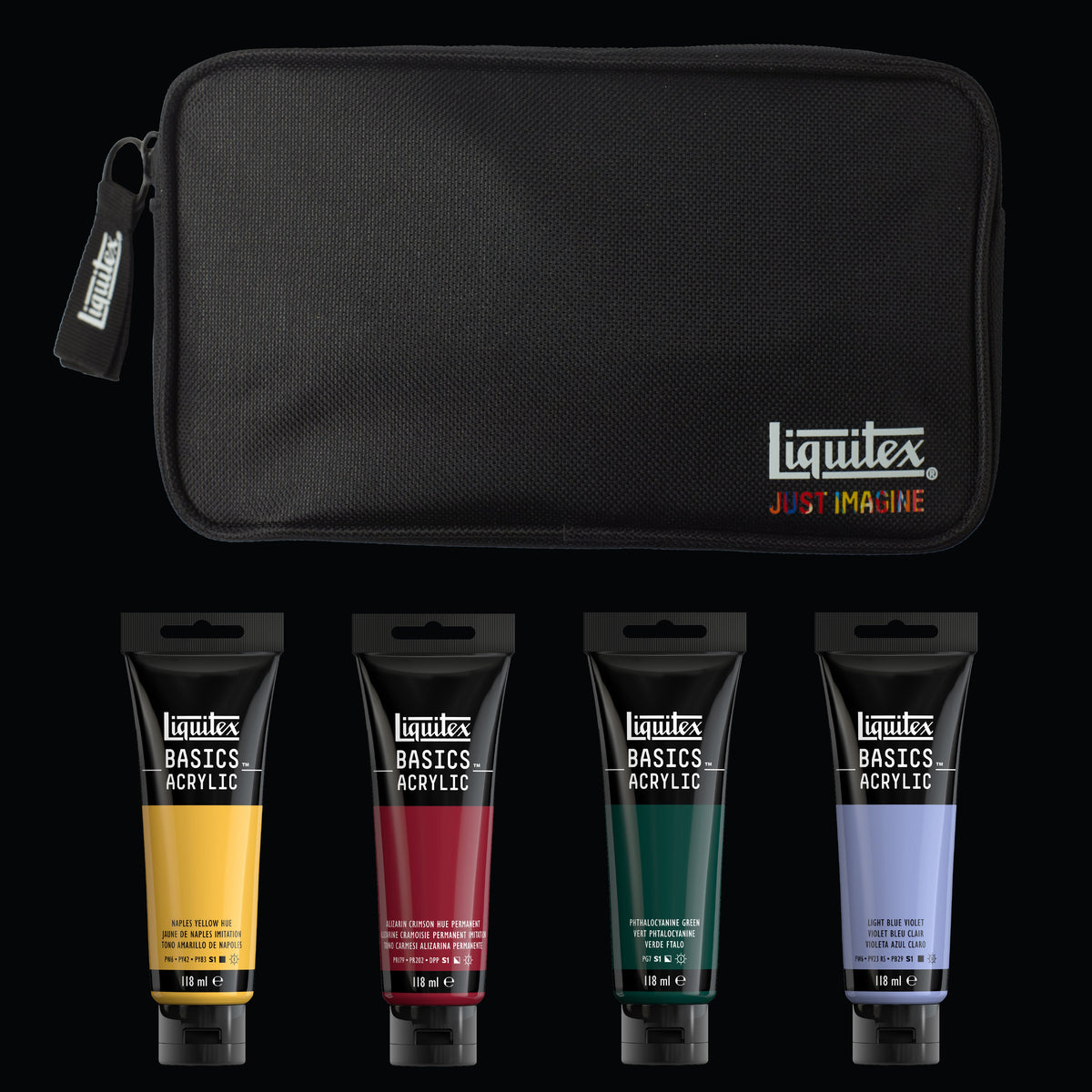Liquitex Basics Gem Theory Acrylic Set – set contents with zip pouch