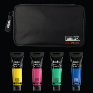 Liquitex Basics Illuminated Brights Acrylic Set – set contents with zip pouch