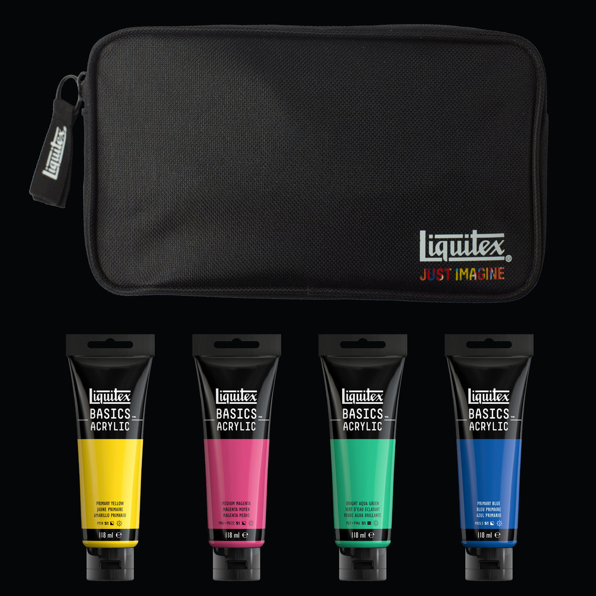 Liquitex Basics Illuminated Brights Acrylic Set – set contents with zip pouch