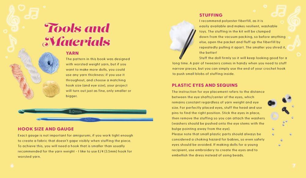 Tools and materials from The Unofficial Sabrina Carpenter Book and Crochet Kit, showing yarn, crochet hooks, and stuffing.