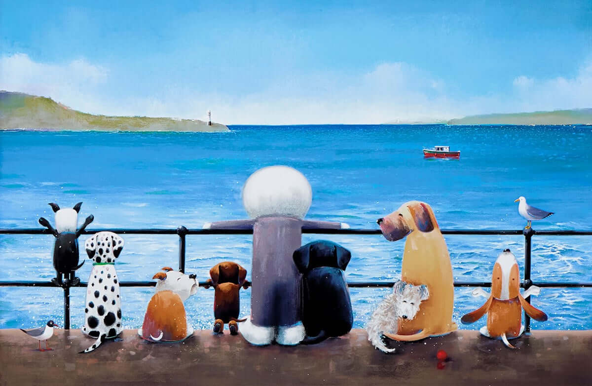 Watchdogs by Doug Hyde painting of a character with dogs by the seaside, inspired by St Ives, featuring sea and boat.