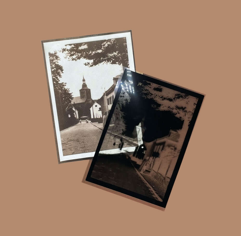 Watercolour Postcards – 12 Pack Refill for Cyanotype & Van Dyke Printing (15 x 10 cm) showcasing example prints on brown background.