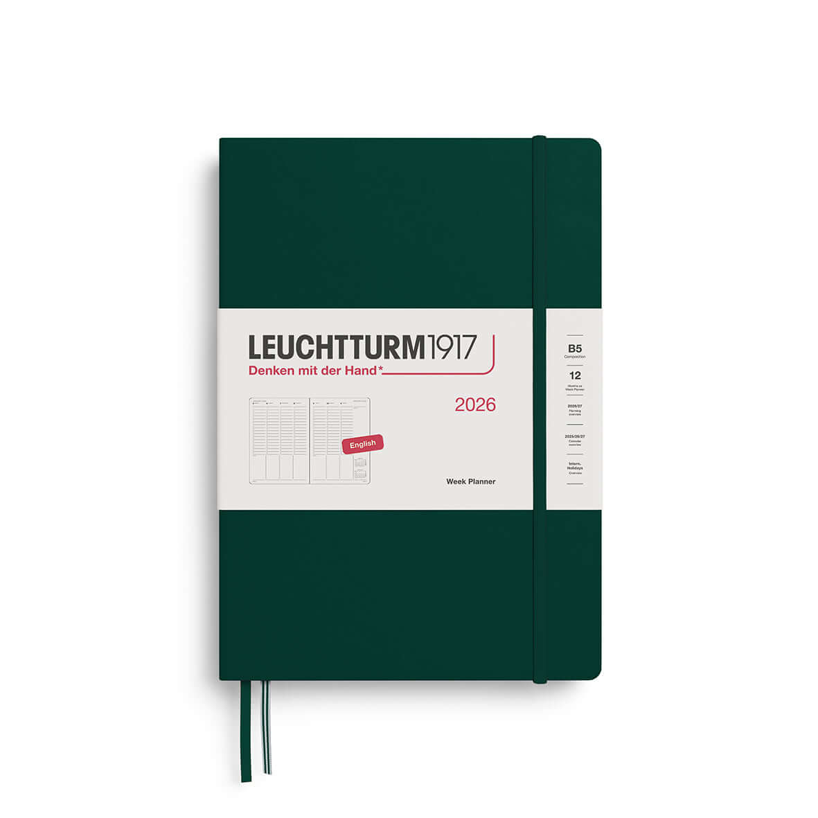 Dark green Leuchtturm1917 Week Planner B5 2026 with elastic band and label showing planner features.