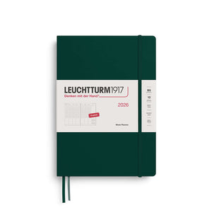 Dark green Leuchtturm1917 Week Planner B5 2026 with elastic band and label showing planner features.