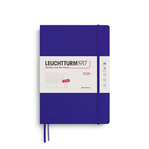 Leuchtturm1917 Week Planner B5 2026 in dark blue with elastic closure and label.