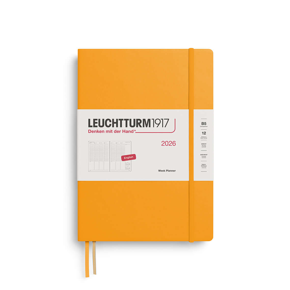 Leuchtturm1917 Week Planner B5 2026 hardcover in orange with elastic band, offering a clear weekly overview from January to December 2026.