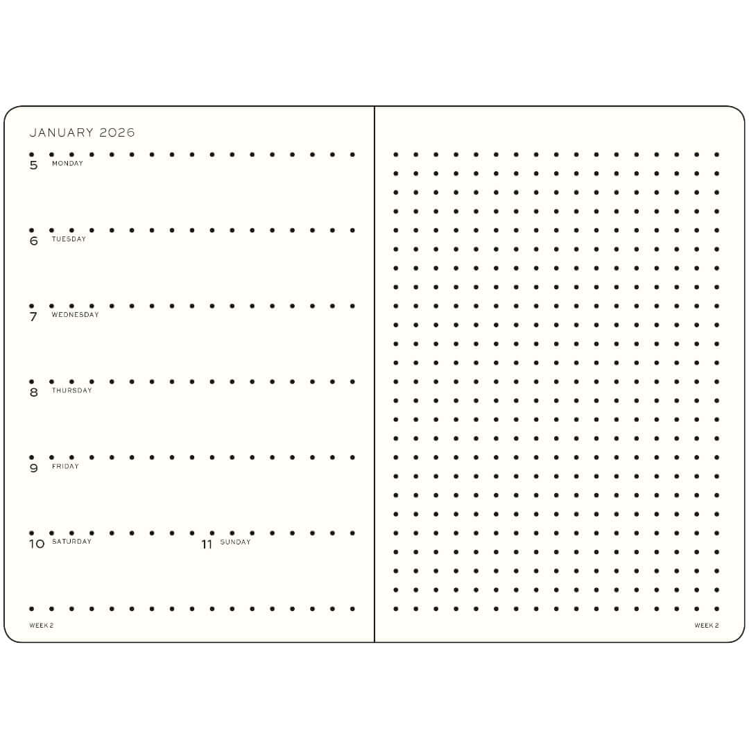 Weekly planner layout from Leuchtturm notebook, showing January 2026 calendar with dot-grid page for notes.