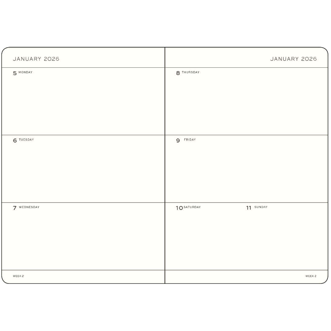 A5 weekly planner layout for January 2026, empty spaces for planning appointments and tasks.