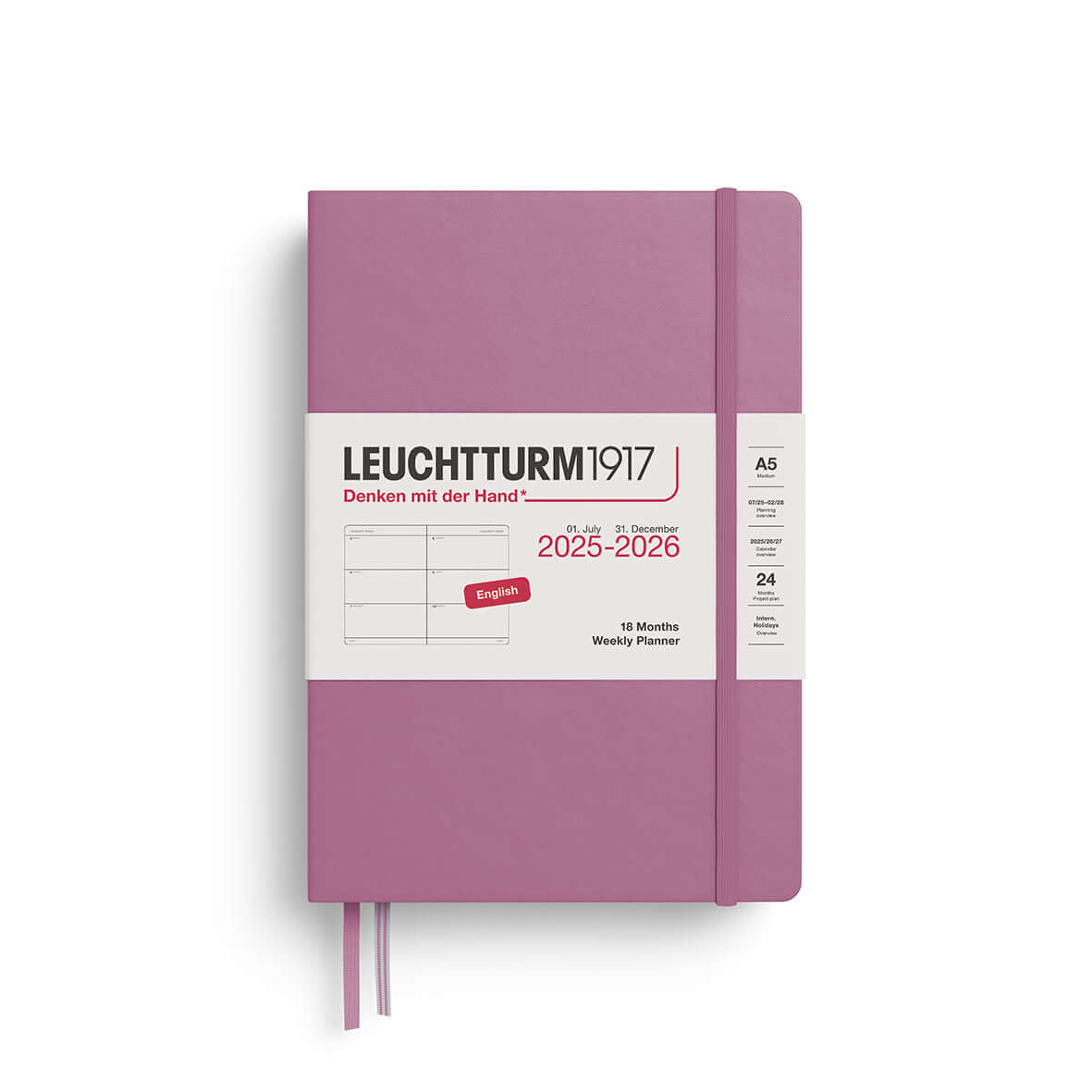 Medium A5 Weekly Planner 2025-2026 in pink, ideal for organizing schedules and goals over 18 months.