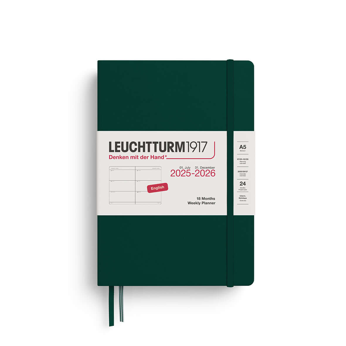 Weekly planner A5 2025-2026 in dark green, ideal for organizing schedules and appointments.