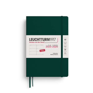Weekly planner A5 2025-2026 in dark green, ideal for organizing schedules and appointments.