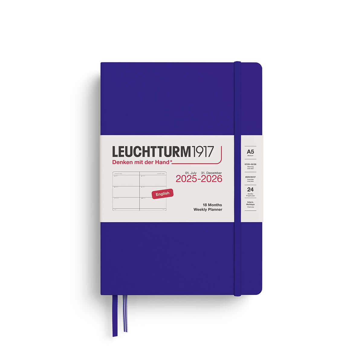 2025-2026 medium A5 weekly planner in purple with clear layout and elastic band, ideal for organizing schedules.