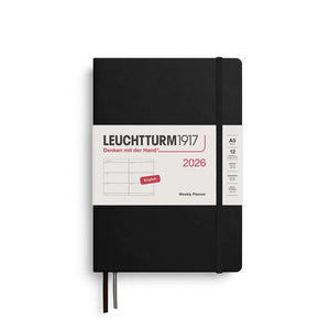 Leuchtturm Weekly Planner 2026 Medium (A5) Hardcover with elastic band, featuring classic design for organized yearly planning.