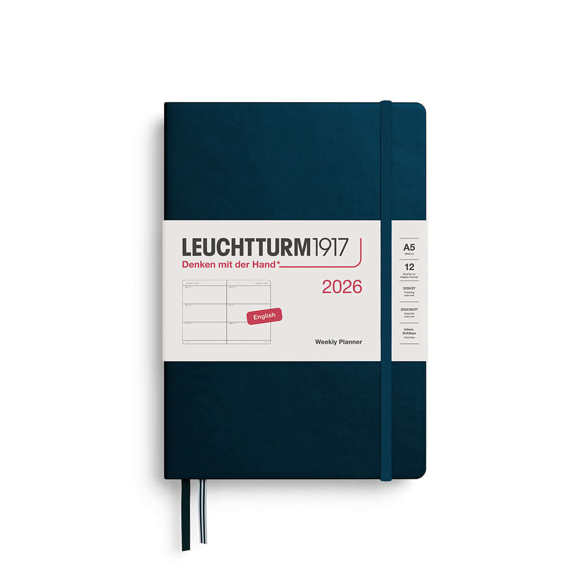 Leuchtturm 2026 Weekly Planner in A5 hardcover, featuring a blue cover and elastic closure, ideal for yearly planning and organization.