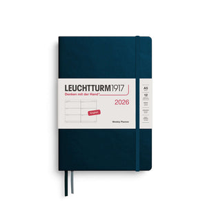 Leuchtturm 2026 Weekly Planner in A5 hardcover, featuring a blue cover and elastic closure, ideal for yearly planning and organization.