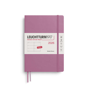 Leuchtturm 2026 Weekly Planner A5 Hardcover in Pink, displaying one week per double-page, ideal for year-round organization.