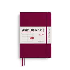Leuchtturm Weekly Planner 2026 Medium A5 Hardcover with classic design, one week per spread, burgundy color.
