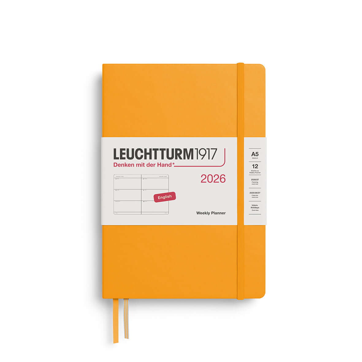 Leuchtturm1917 2026 Weekly Planner in orange hardcover, A5 size, for organized planning with yearly overview and holidays.