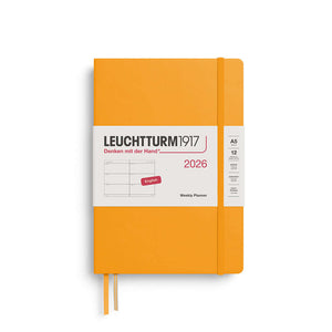 Leuchtturm1917 2026 Weekly Planner in orange hardcover, A5 size, for organized planning with yearly overview and holidays.