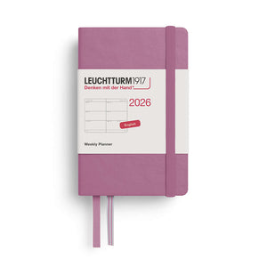 Leuchtturm Weekly Planner 2026 in Mini A7 size, purple hardcover with elastic band, showing front cover and bookmarks.