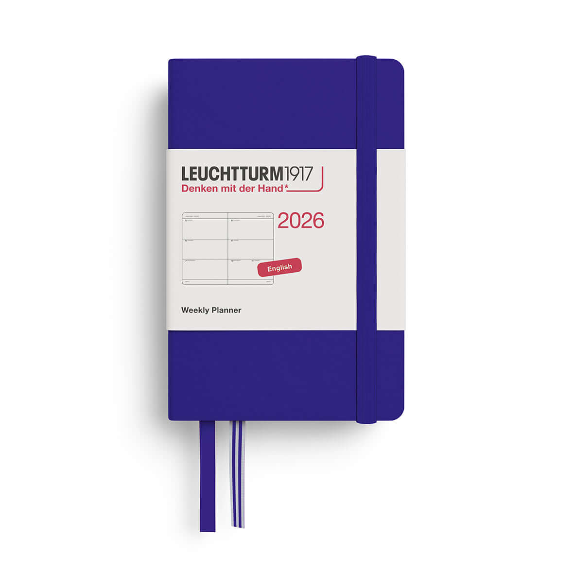 Leuchtturm Weekly Planner 2026 Mini A7 Hardcover, blue cover, double-page layout, portable size, includes yearly overviews.