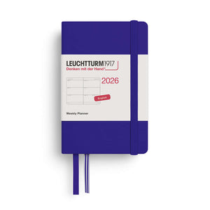 Leuchtturm Weekly Planner 2026 Mini A7 Hardcover, blue cover, double-page layout, portable size, includes yearly overviews.