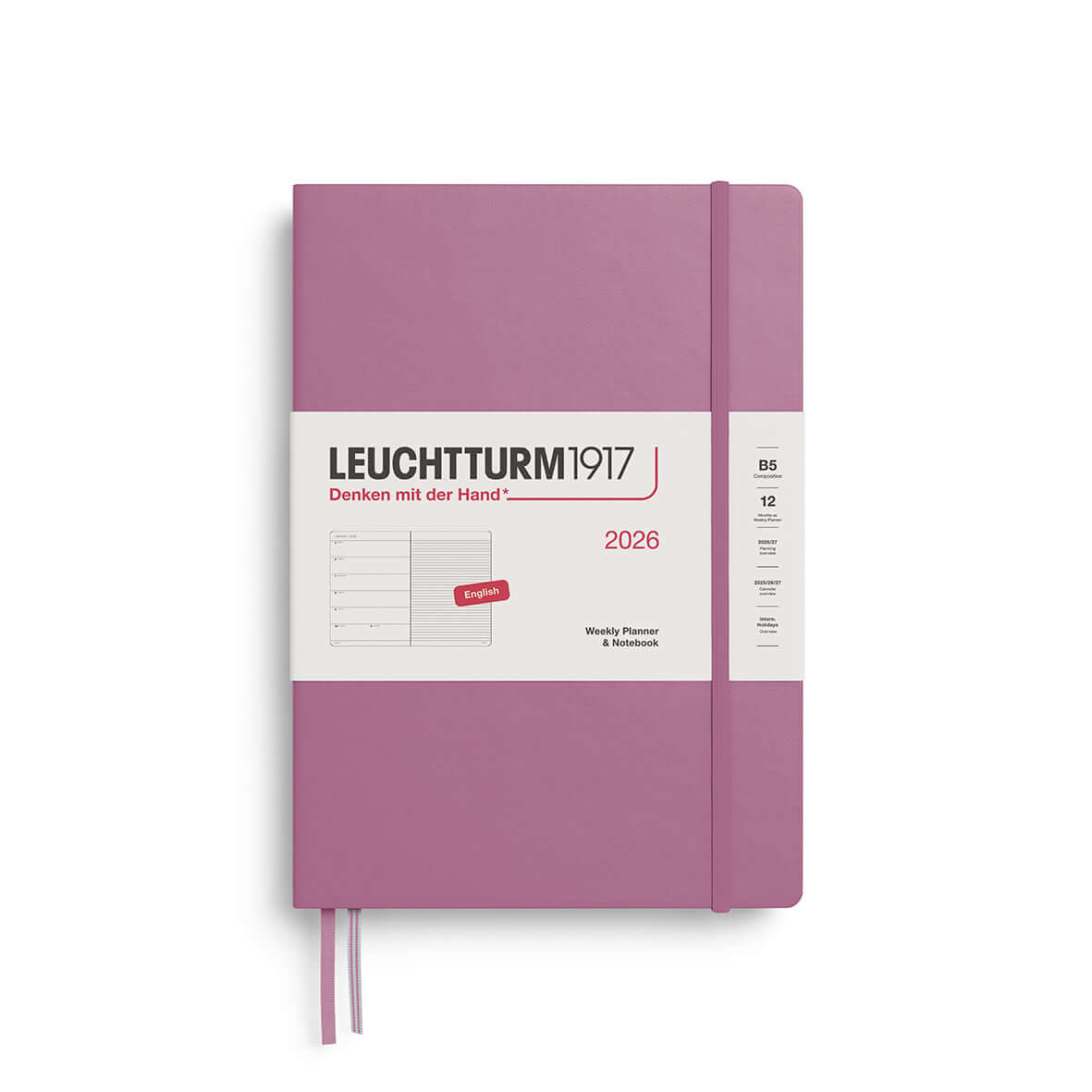 Leuchtturm1917 Weekly Planner & Notebook B5 2026 – Ruled, pink cover with elastic closure, featuring weekly schedule and ruled pages.