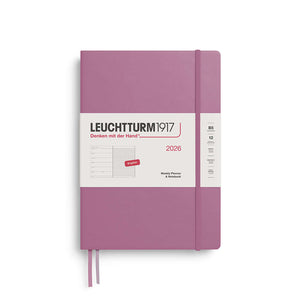 Leuchtturm1917 Weekly Planner & Notebook B5 2026 – Ruled, pink cover with elastic closure, featuring weekly schedule and ruled pages.