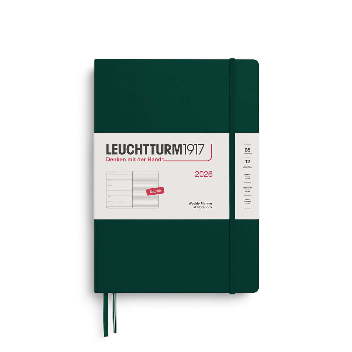 Leuchtturm1917 Weekly Planner & Notebook B5 2026 – Ruled, green cover, showing 2026 weekly planner and notebook layout