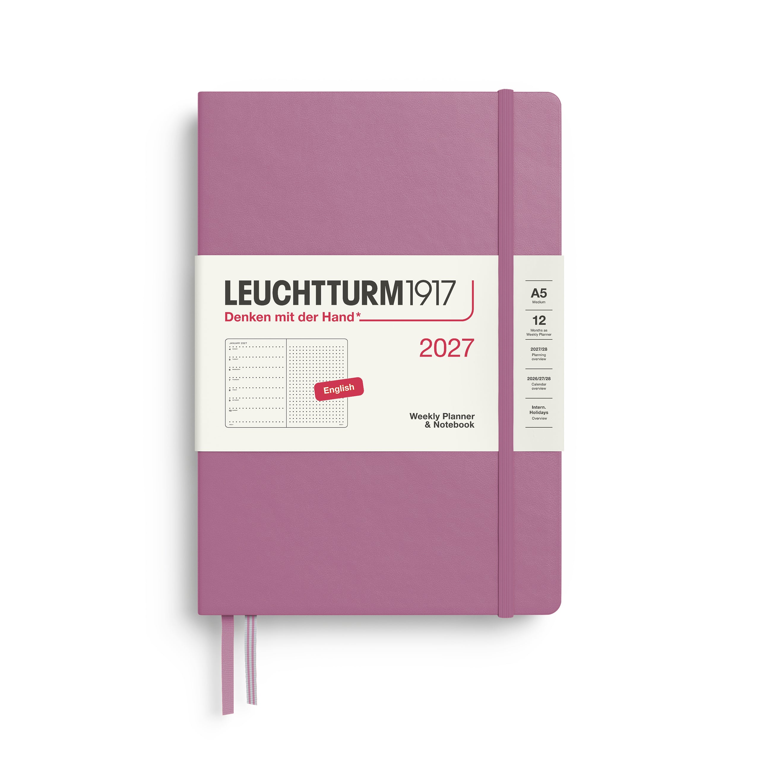 Leuchtturm1917 Weekly Planner & Notebook 2027 - A5 Medium Hardcover, Dotted - Dusty Rose