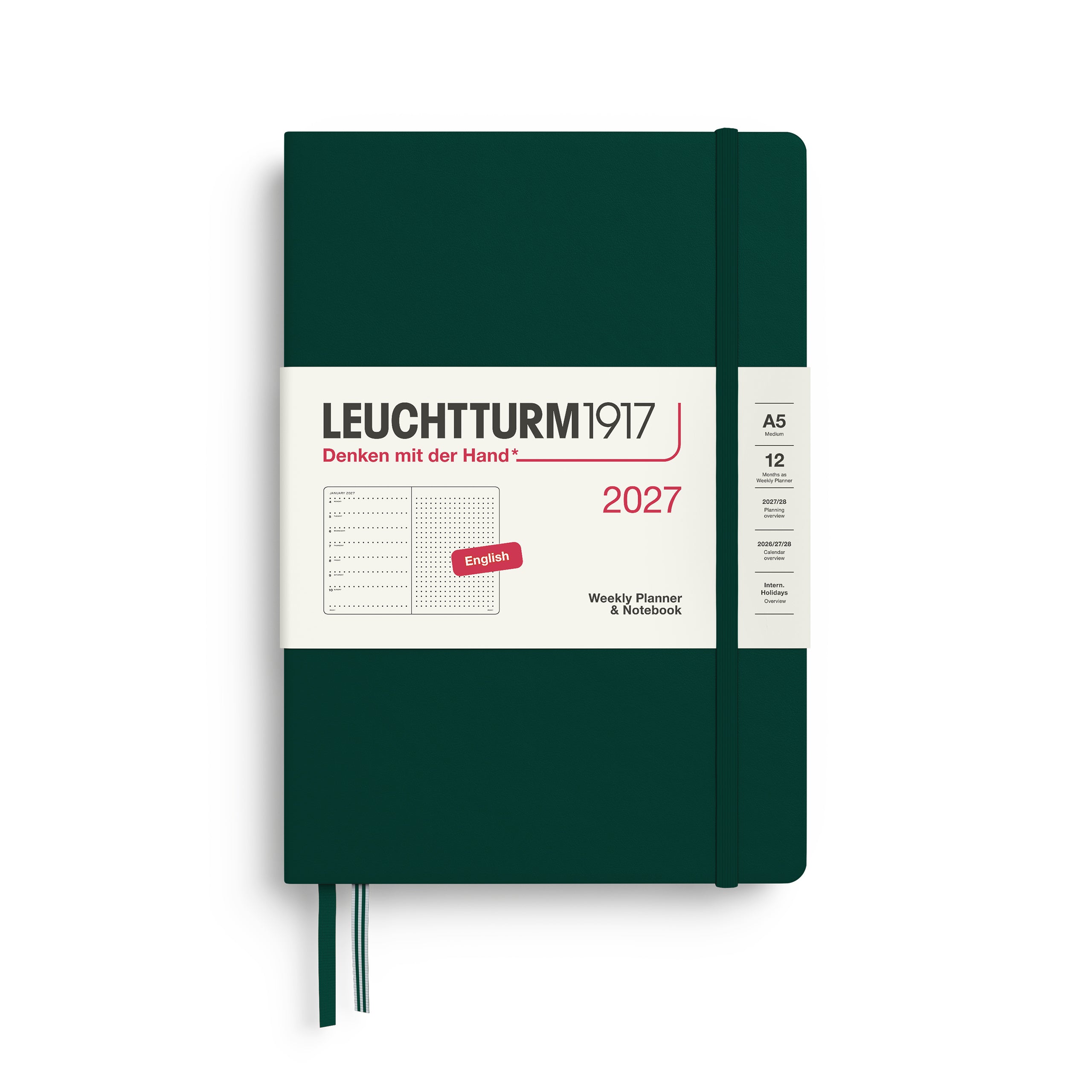 Leuchtturm1917 Weekly Planner & Notebook 2027 - A5 Medium Hardcover, Dotted - Forest Green