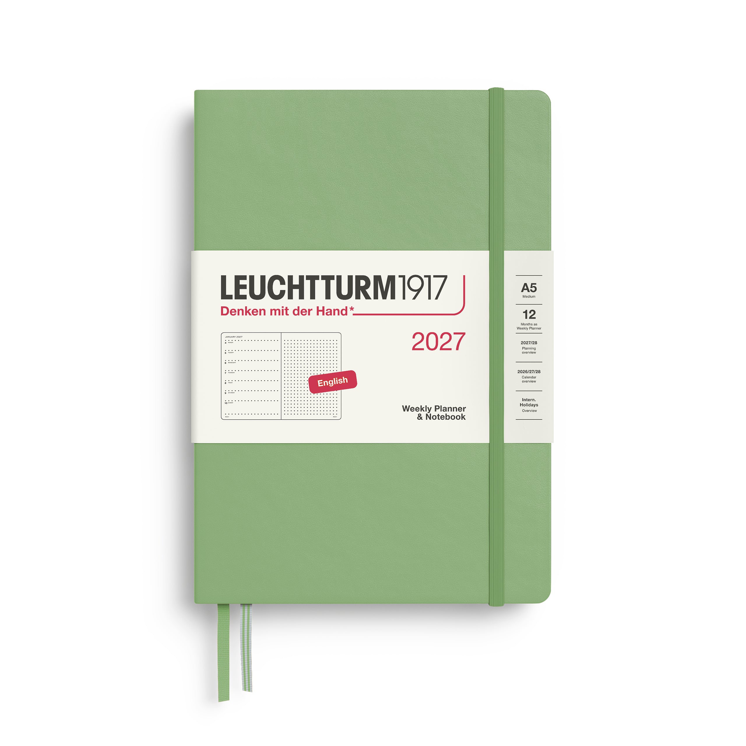 Leuchtturm1917 Weekly Planner & Notebook 2027 - A5 Medium Hardcover, Dotted - Sage