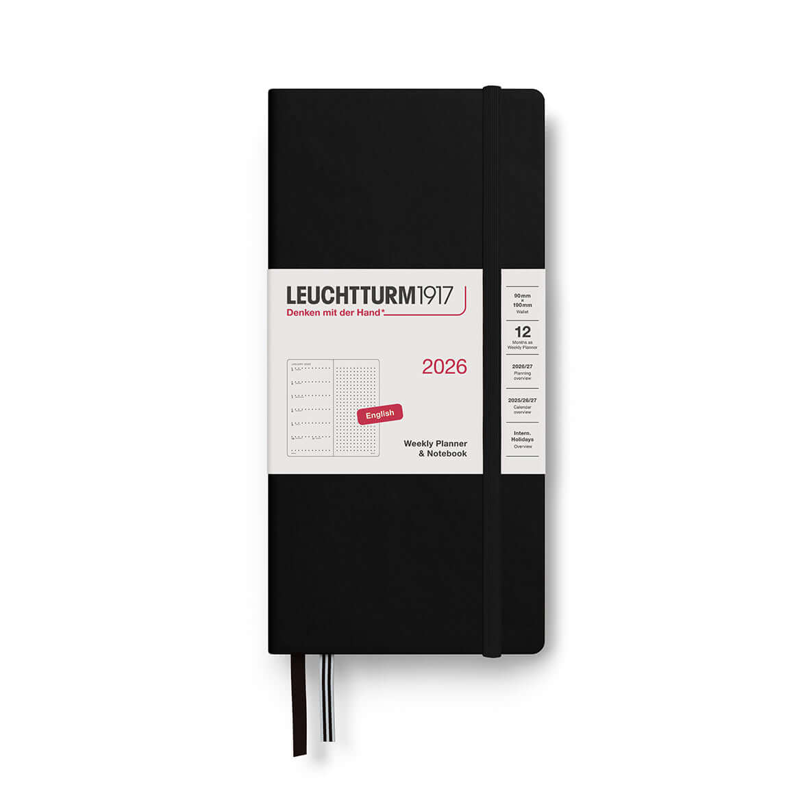 Leuchtturm Wallet Notebook B6+ A6 Hardcover, portable 90×190 mm, black with elastic closure, designed for everyday organization.