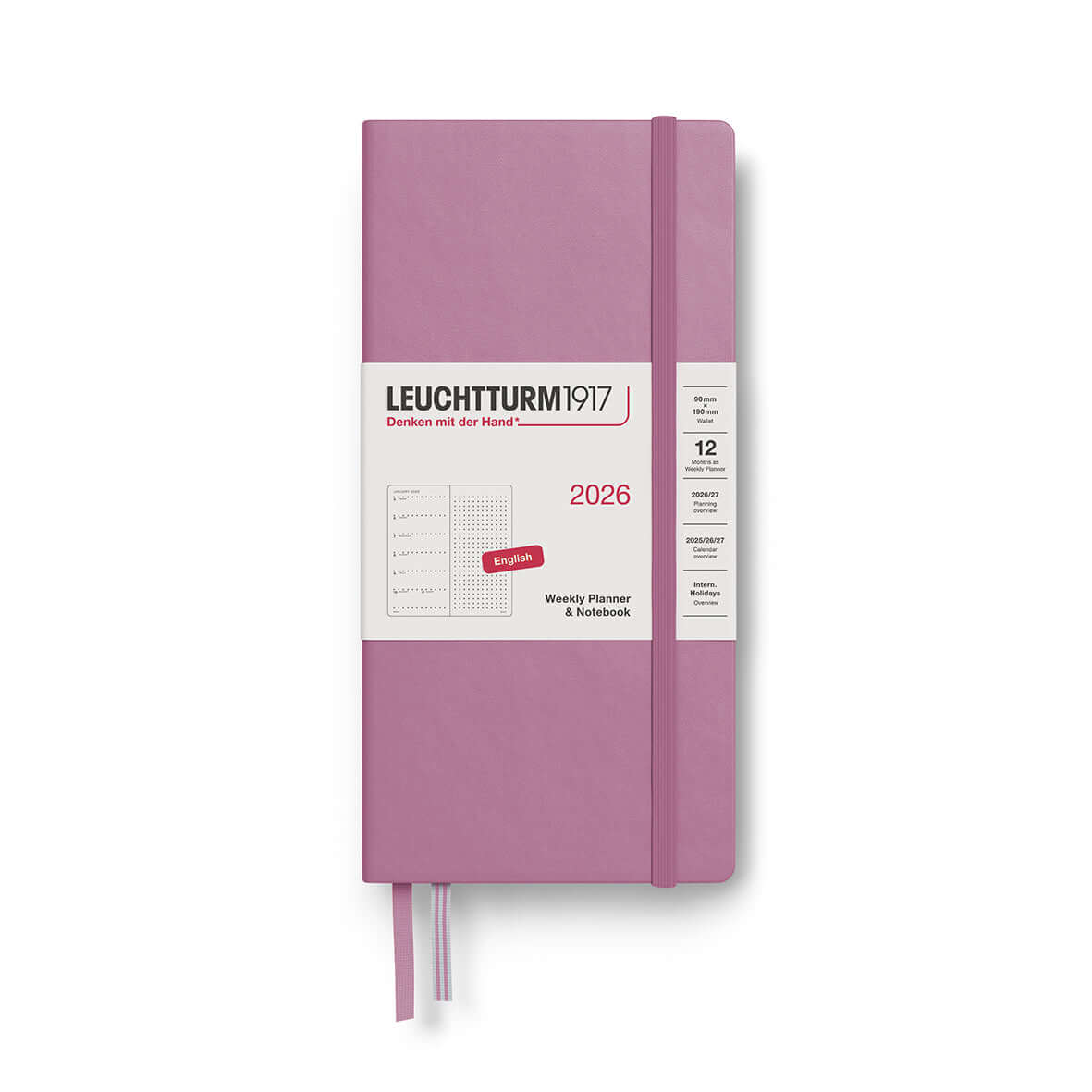 Leuchtturm1917 2026 pink hardcover weekly planner and notebook with elastic closure, featuring sturdy design and organizer layout.
